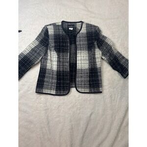 Positive Attitude Black White Plaid Collarless Open Front Blazer Jacket Size 16